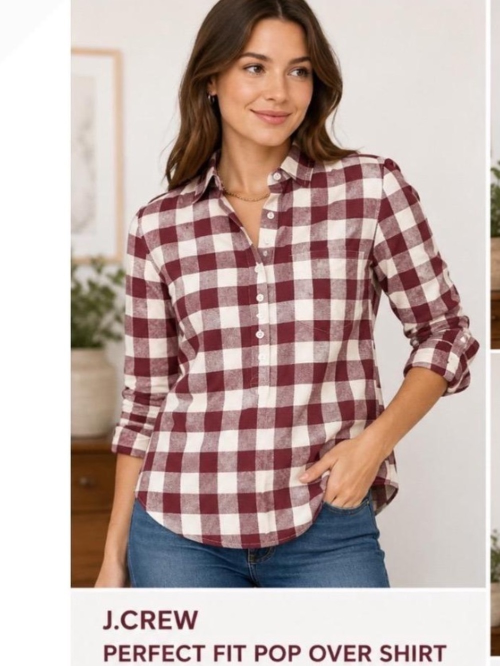 J. Crew Perfect Fit Maroon and White Check Long-Sleeve Pop-Over Top